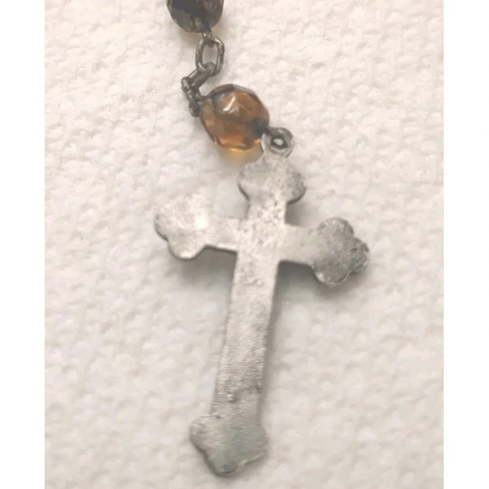 Vintage Golden-Topaz-Colored Sparkly Faceted Glass Bead Silver-Colored Rosary‎